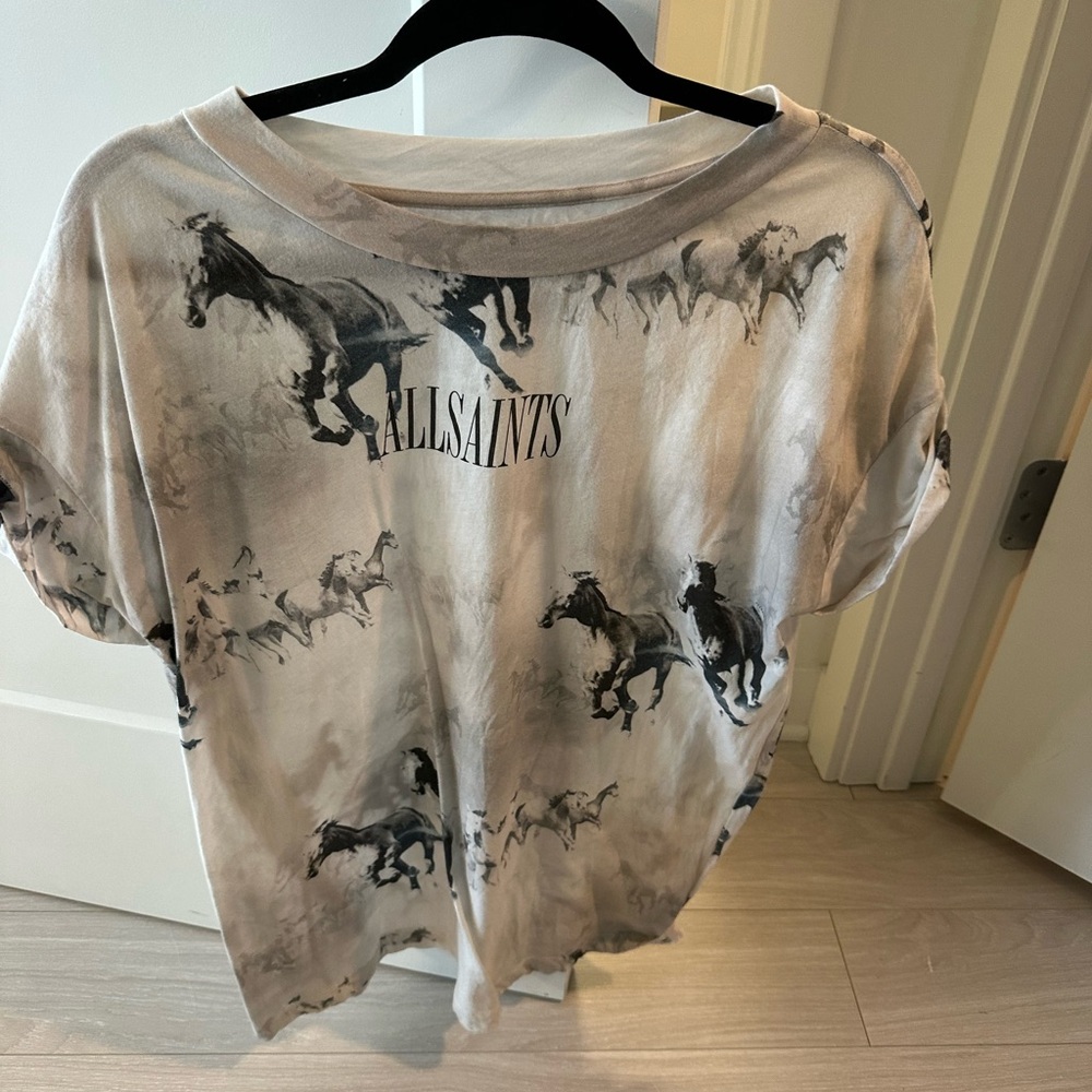 All Saints Black and Gray Horse Print Short Sleeve Tee